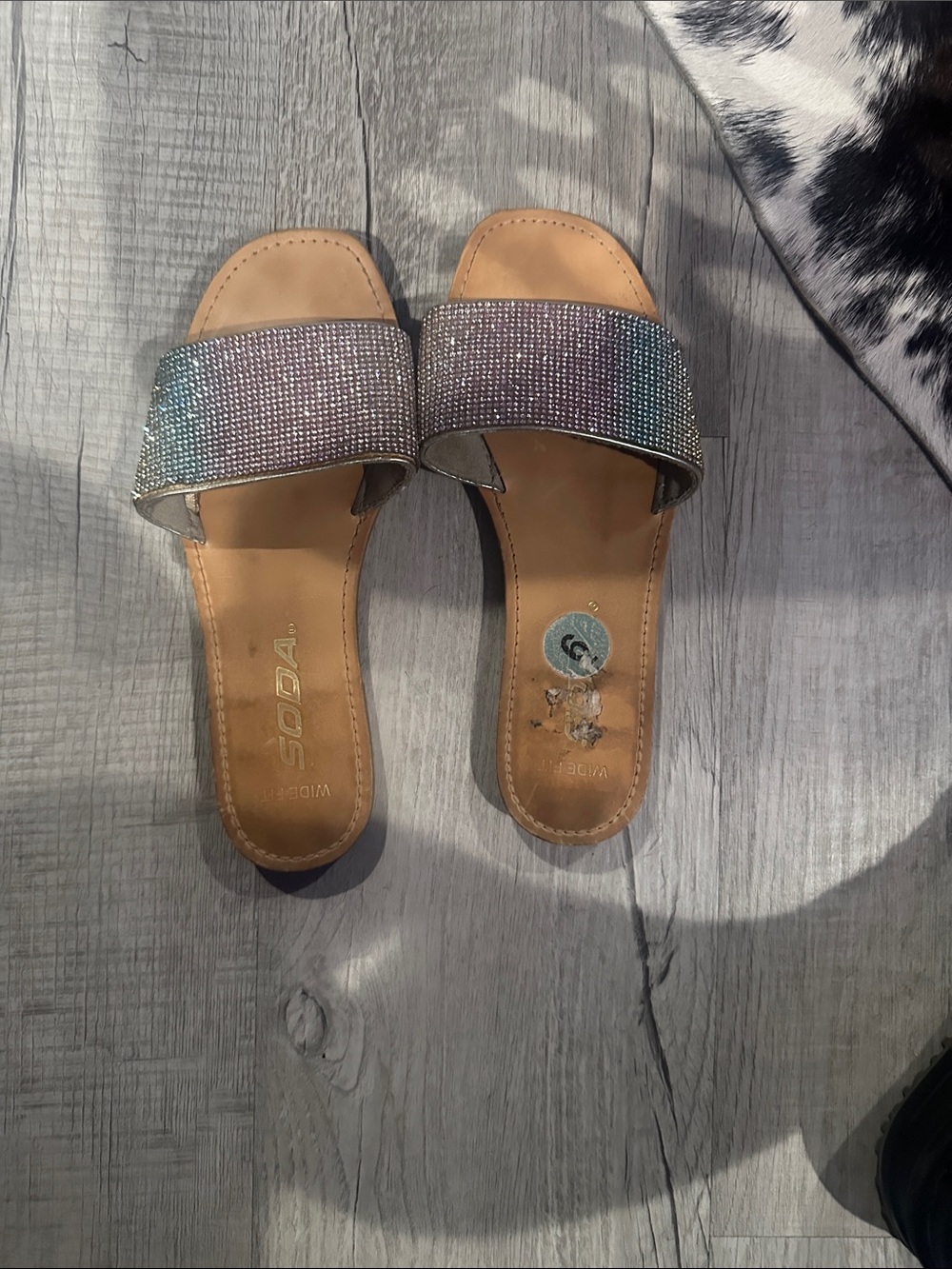 Soda Iridescent Rhinestone Slide Sandals with Tan Footbed
